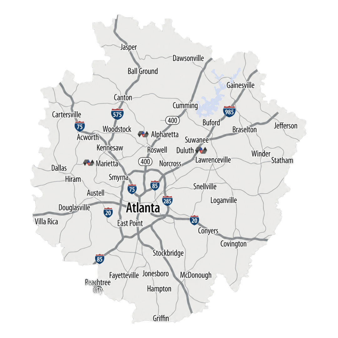 Drainage Plus service area map across Metro Atlanta GA